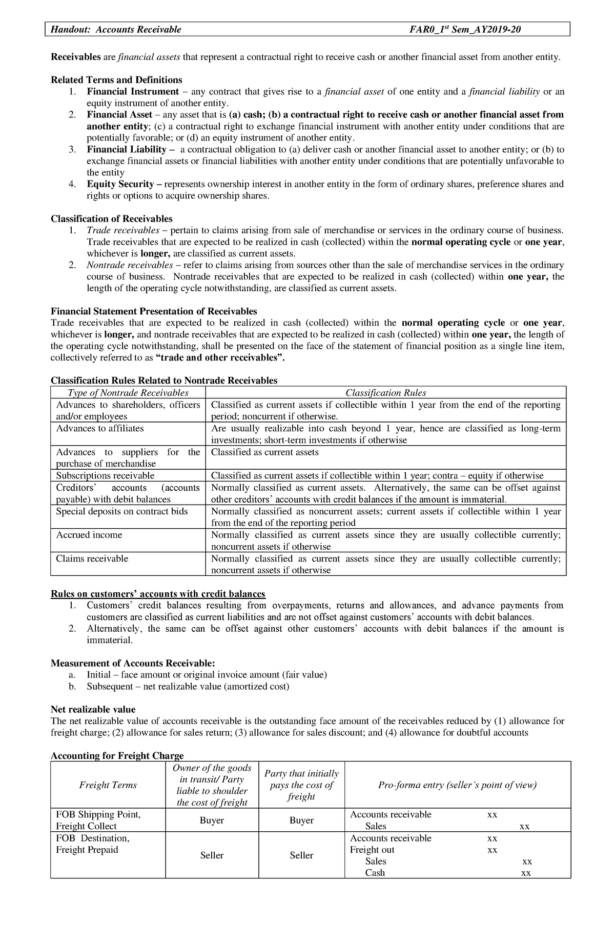 HO Accounts-Receivable - Handout: Accounts Receivable FAR0_1st Sem ...