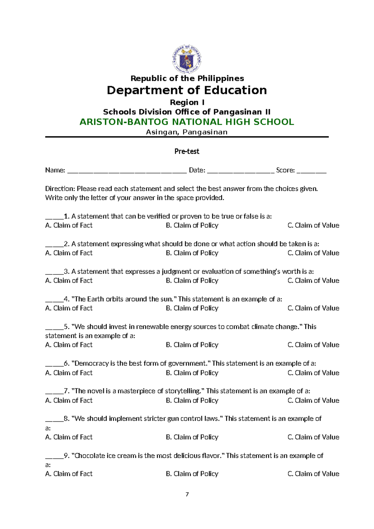 3 Pretest - Republic of the Philippines Department of Education Region ...