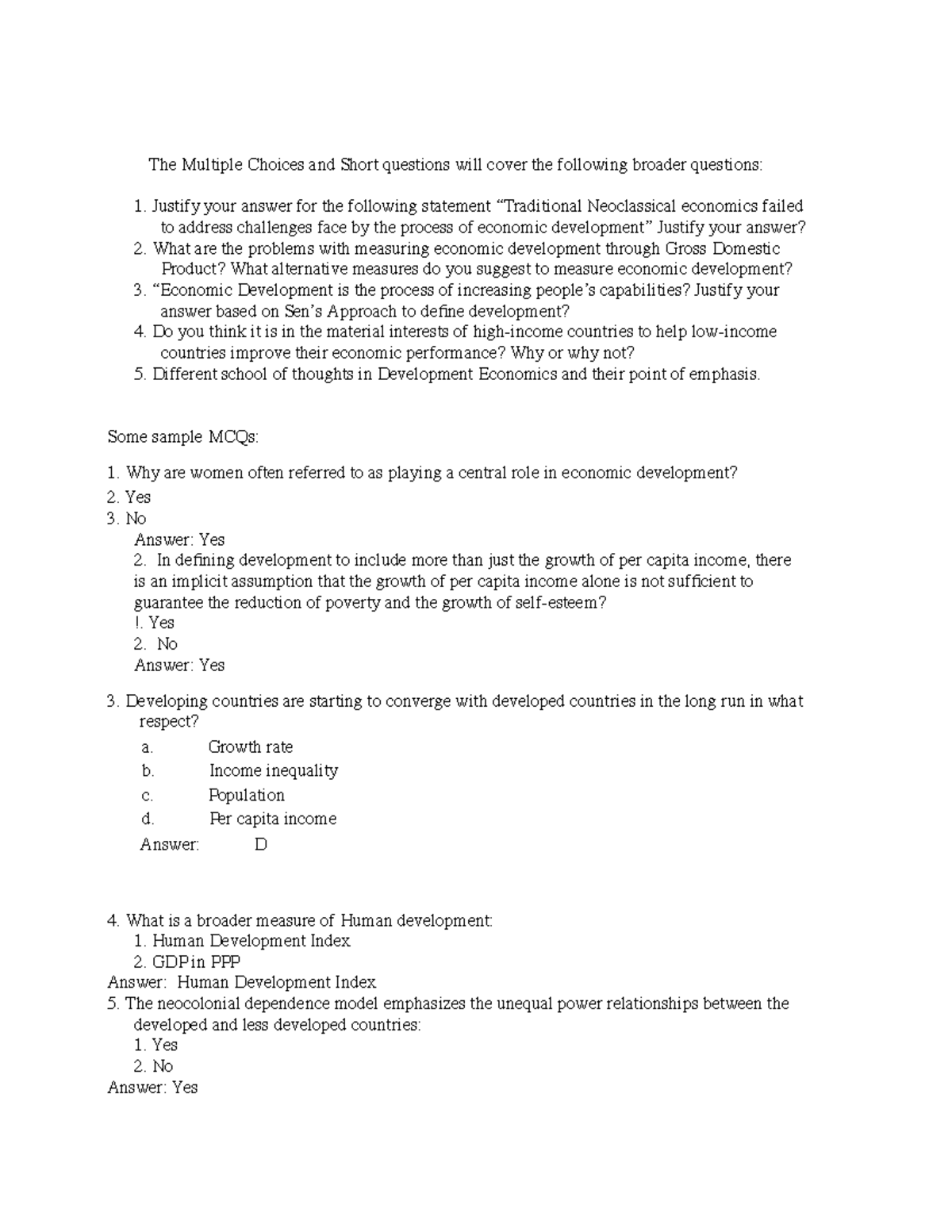 Sample Questions for Midterm - The Multiple Choices and Short questions ...