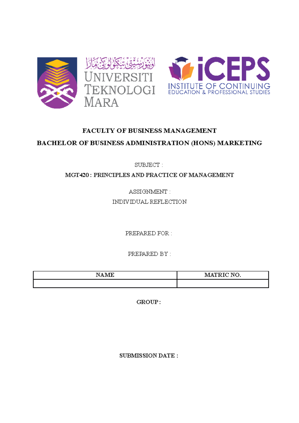 Reflection MGT - FACULTY OF BUSINESS MANAGEMENT BACHELOR OF BUSINESS ...