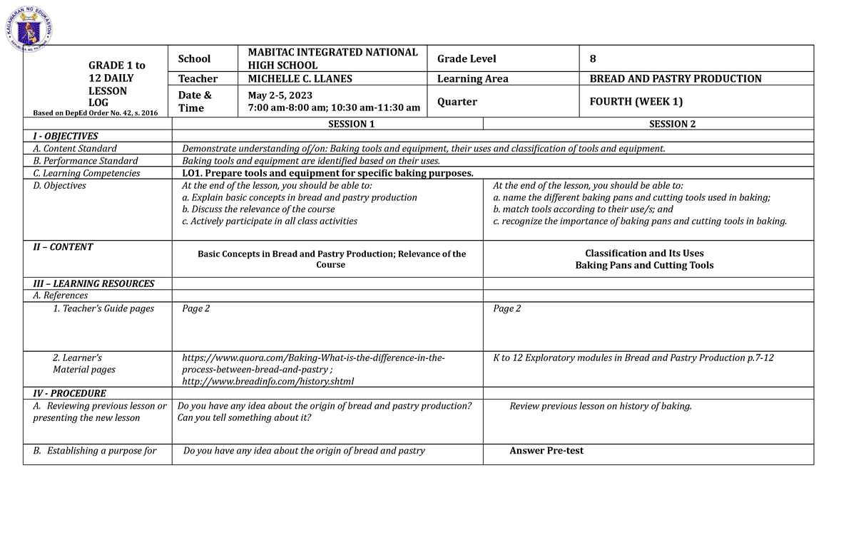 DLL IN BPP 8 - LESSON PLAN IN BREAD AND PASTRY PRODUCTION 8 - GRADE 1 ...