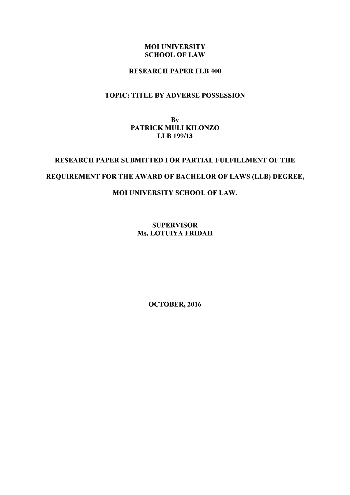 Adverse possession in Kenya pdf - ฀ ฀OI UNIVERSITY SCHOOL OF LAW ...