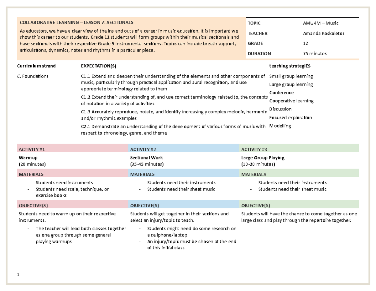 Lesson 7 Teaching Reflection COLLABORATIVE LEARNING LESSON 7 SECTIONALS As educators, we