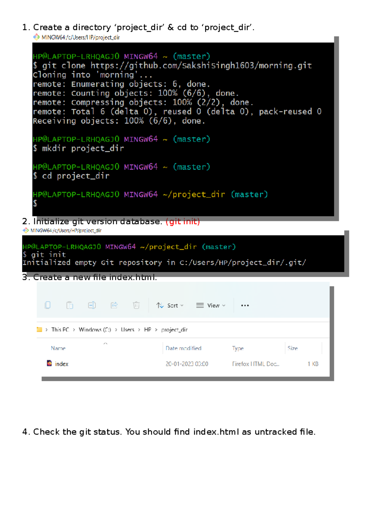 Git assignment Create a directory ‘project_dir’ & cd to ‘project_dir