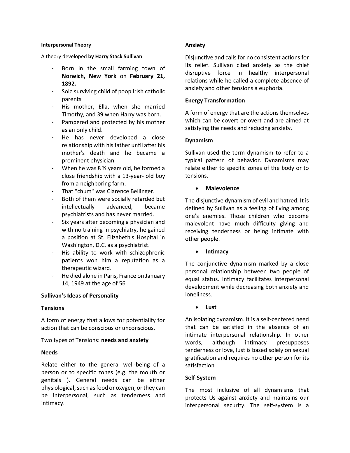 Interpersonal-Theory-Sullivan - Interpersonal Theory A Theory Developed ...