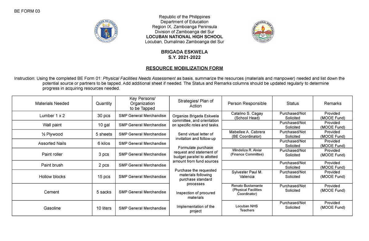 Brigada Eskwela Form 6 Sample