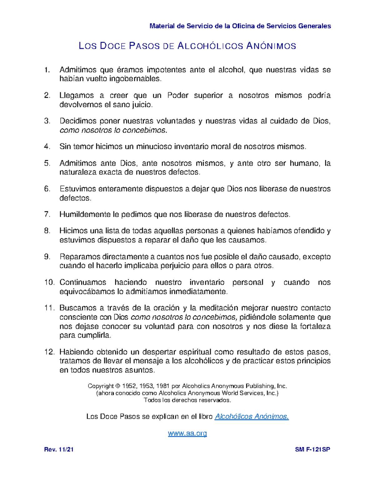 The twelve steps of alcoholics anonymous smf 121sp material de