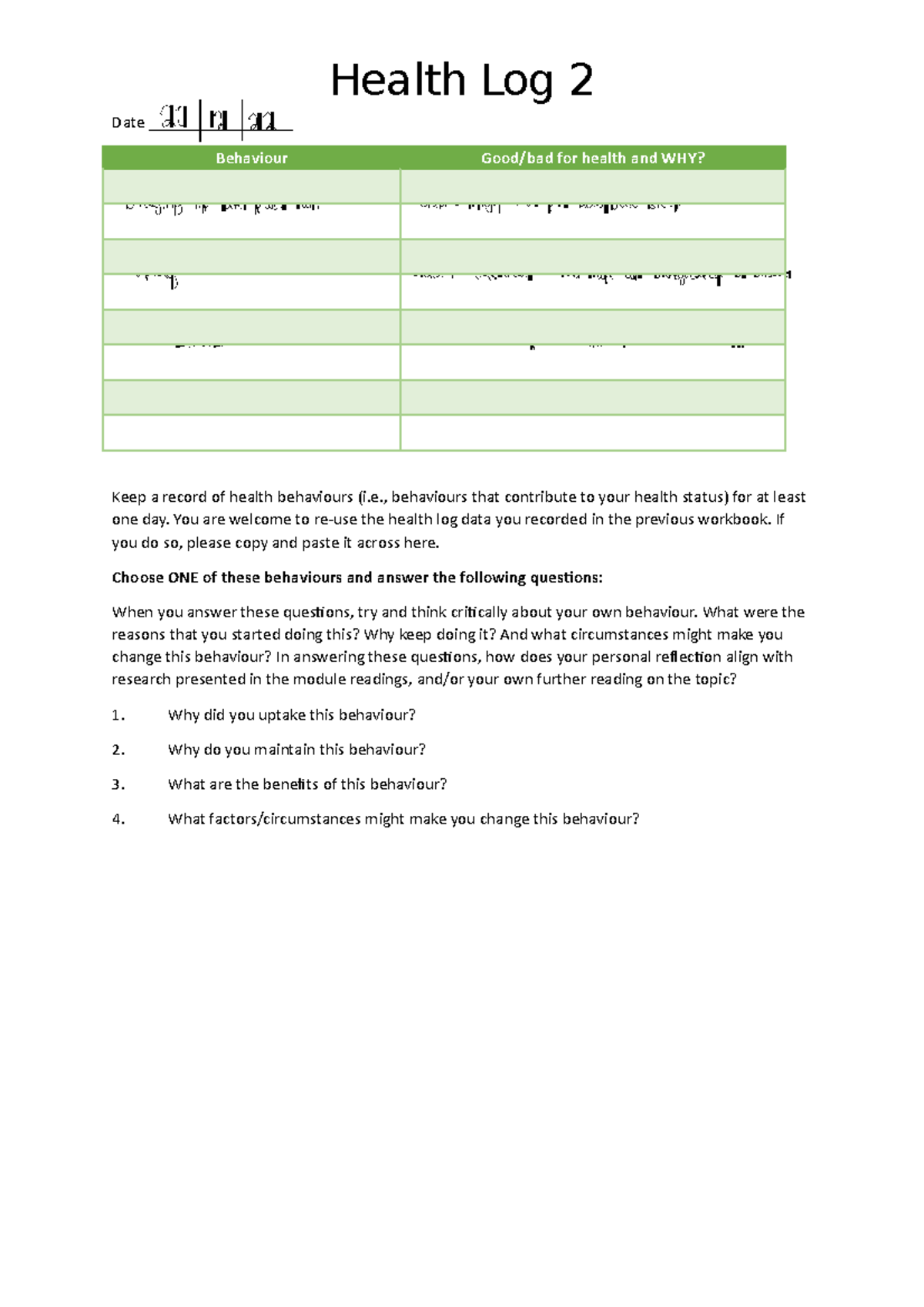 Module 3 Workbook Activity - Health Log 2 - Health Log 2 Date ...