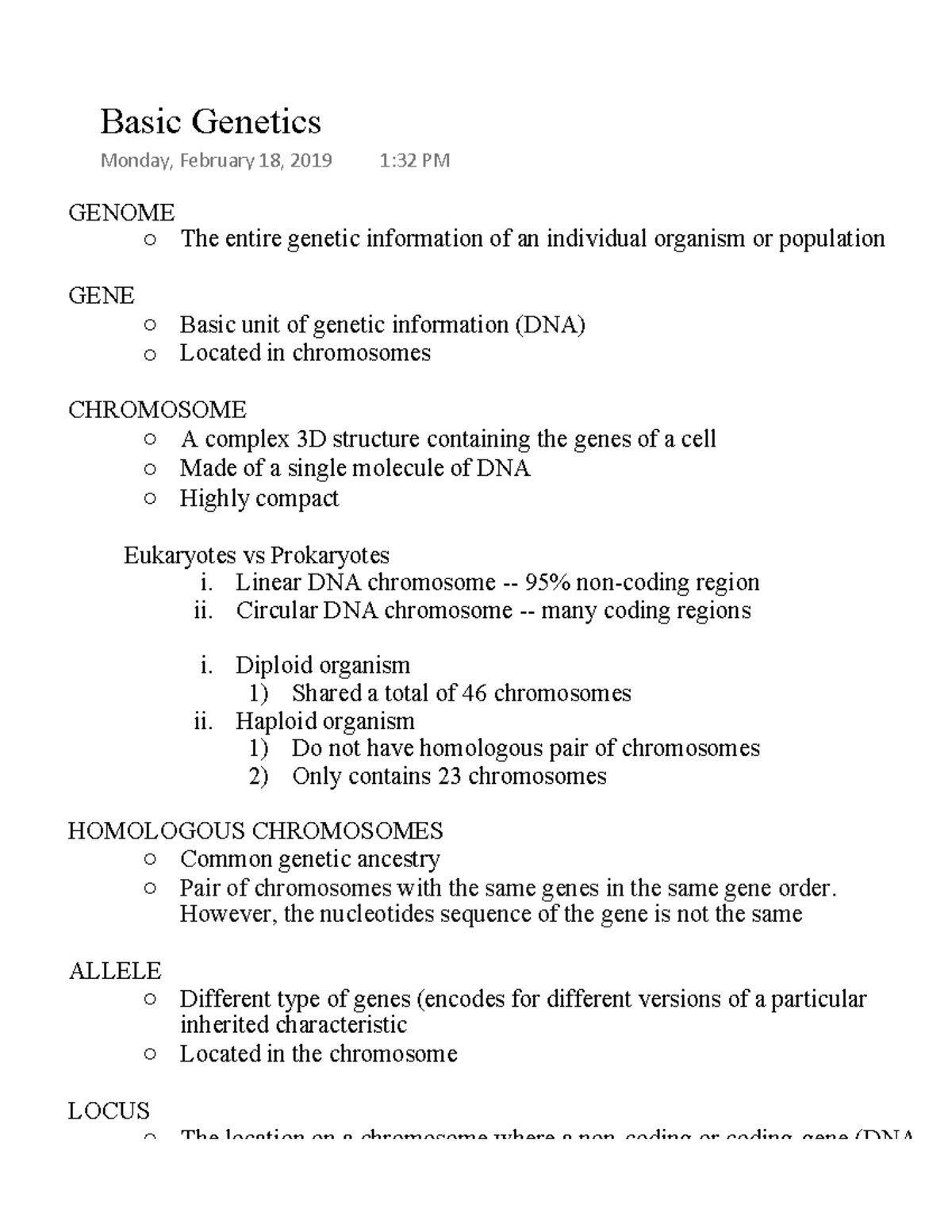 Chapter 2 - Lecture notes 2 - Basic Genetics Monday, February 18, 2019 ...