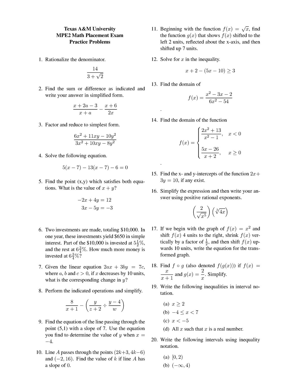 MPE2 - yes - Texas A&M University MPE2 Math Placement Exam Practice ...