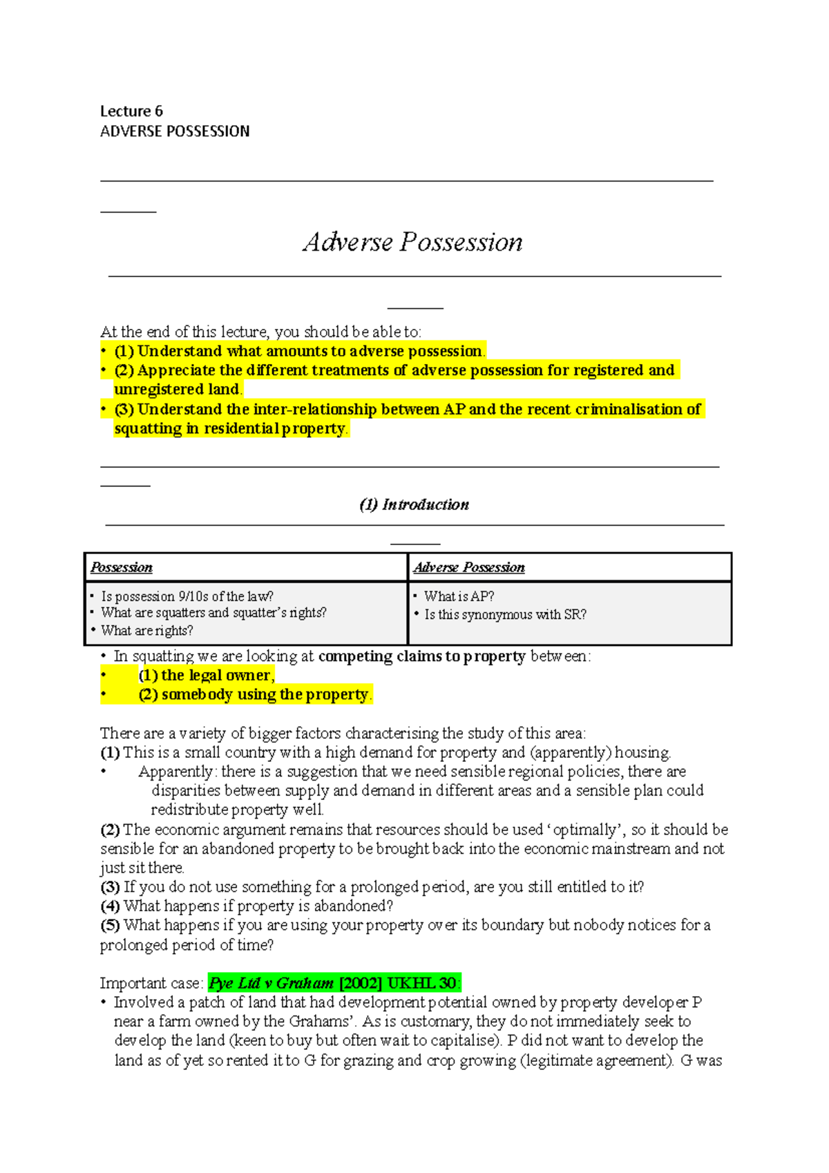 Lecture 6 Adverse Possession - Lecture 6 ADVERSE POSSESSION ...