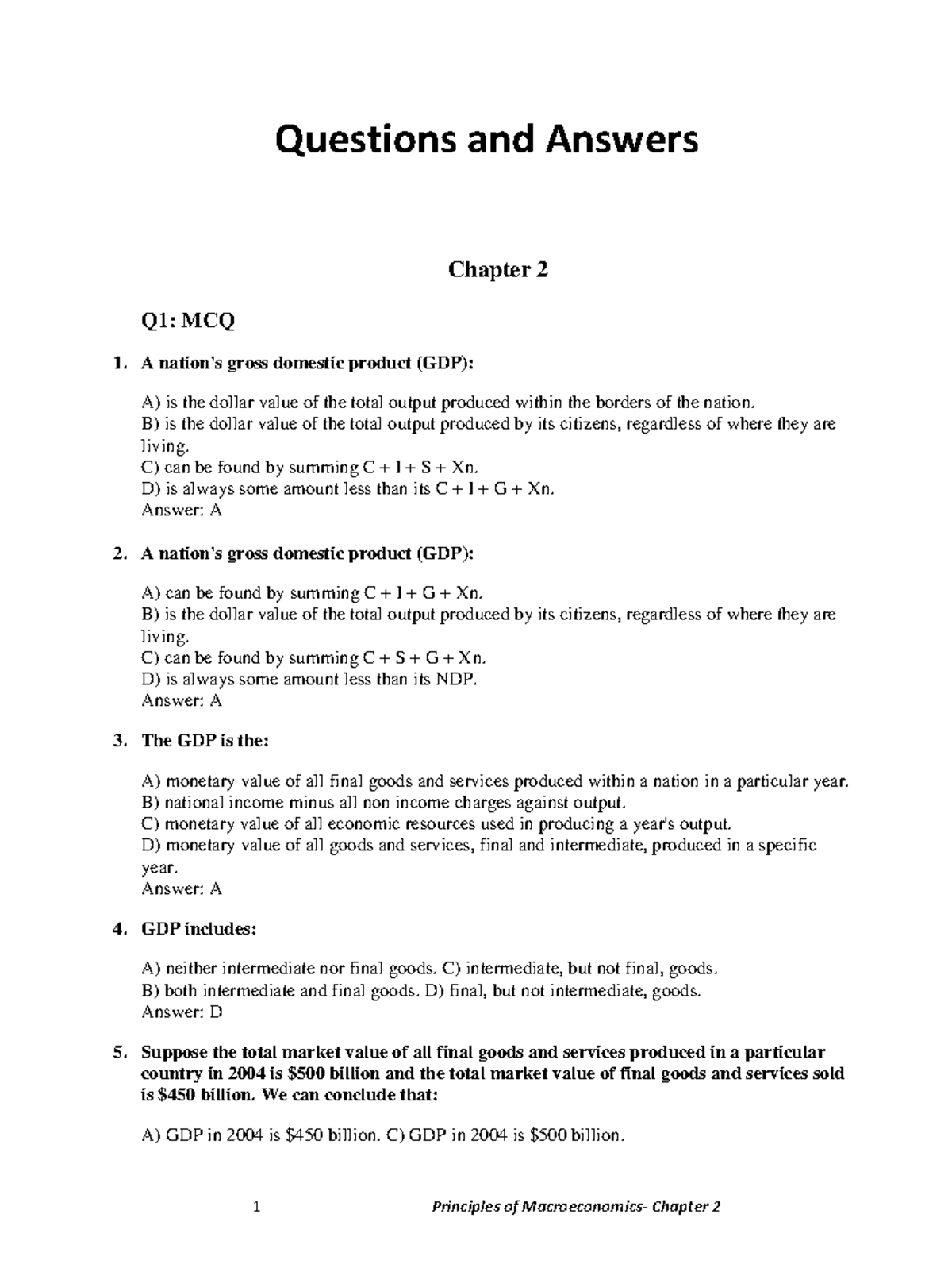 Macro Qch2(2) - economics department - Questions and Answers Chapter 2 ...
