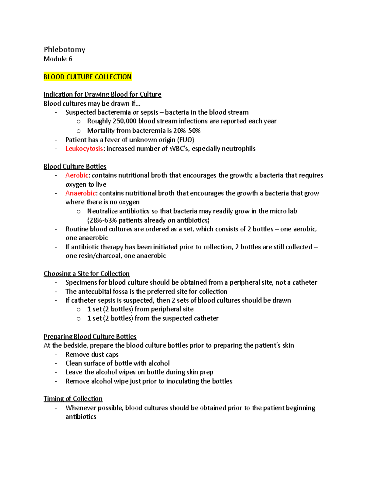 Module 6 - blood culture collection - Phlebotomy Module 6 BLOOD CULTURE ...