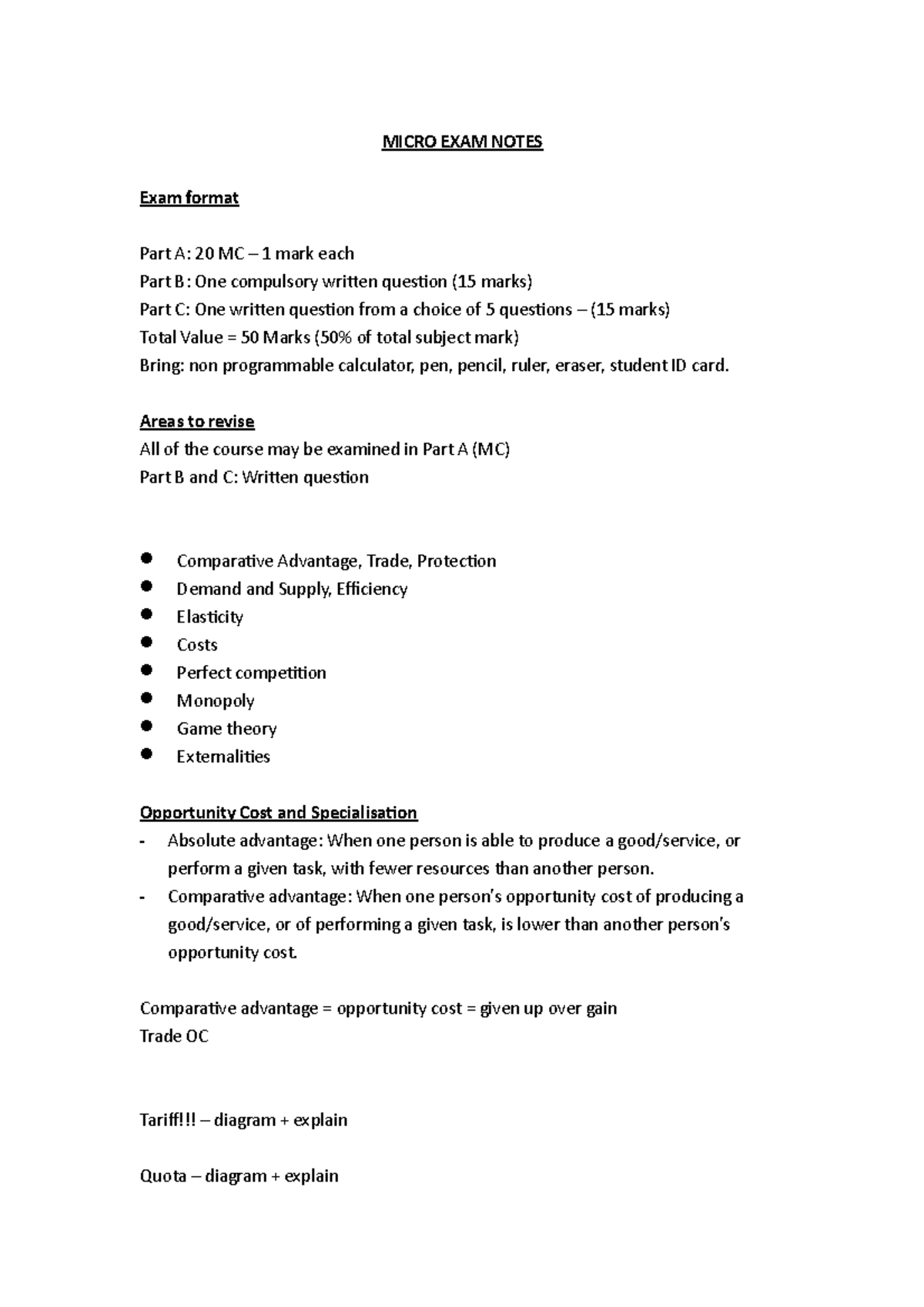 Micro Exam notes - MICRO EXAM NOTES Exam format Part A: 20 MC – 1 mark ...