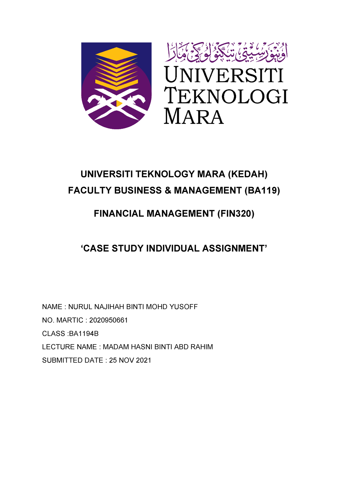 FIN320 CASE Study ( Individual) - UNIVERSITI TEKNOLOGY MARA (KEDAH ...