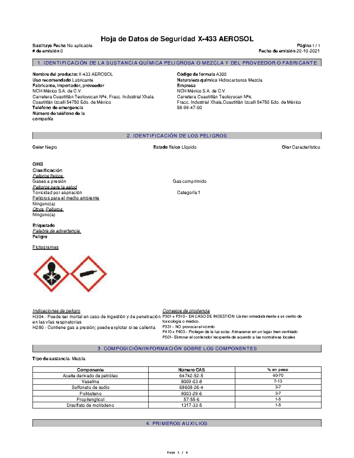 Lubrication X433 Hoja de Datos de Seguridad X433 AEROSOL Sustituye