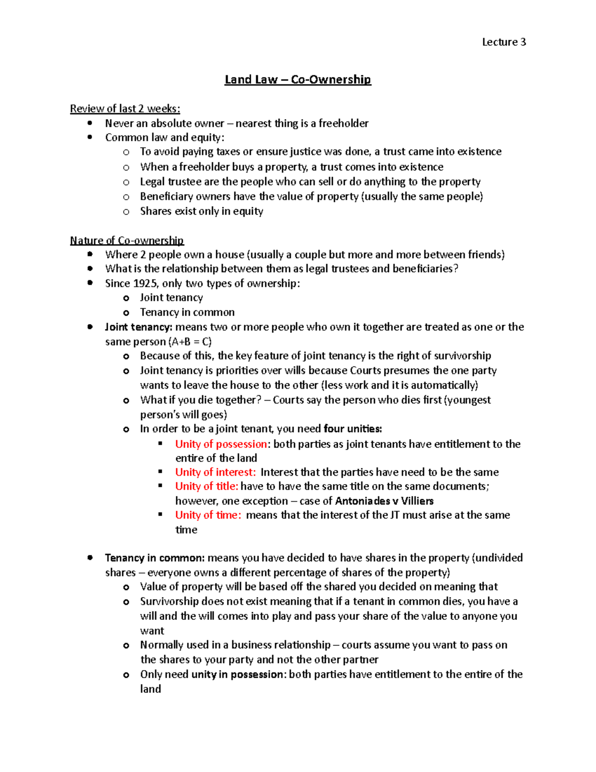 Land Law - Co-ownership - Lecture 3 Land Law Review of last 2 weeks ...