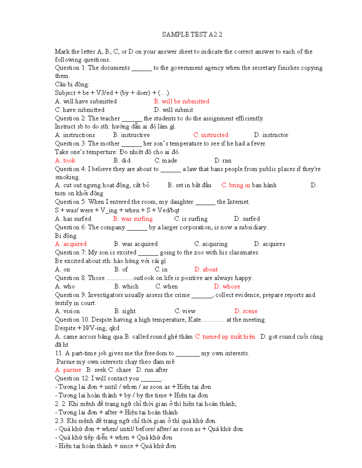 A2 - Anh 1 - SAMPLE TEST A2. Mark the letter A, B, C, or D on your ...