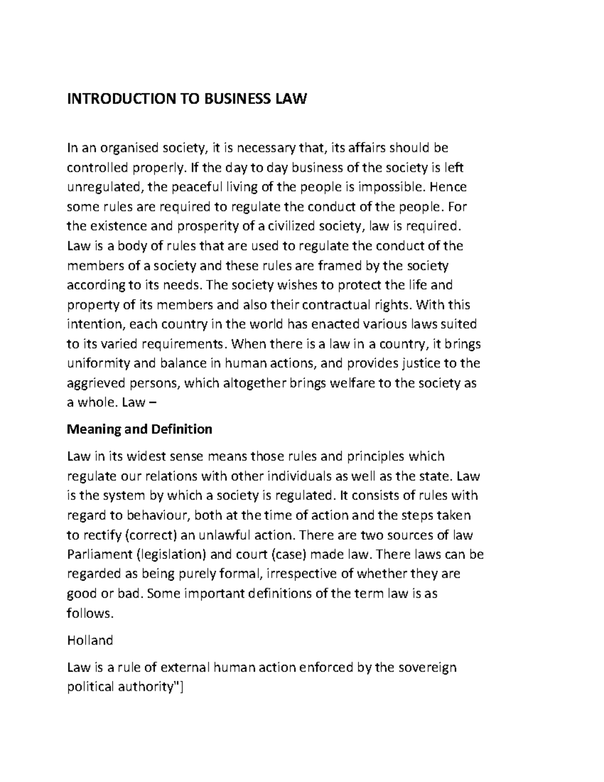 INTRODUCTION TO BUSINESS LAW - If The Day To Day Business Of The ...