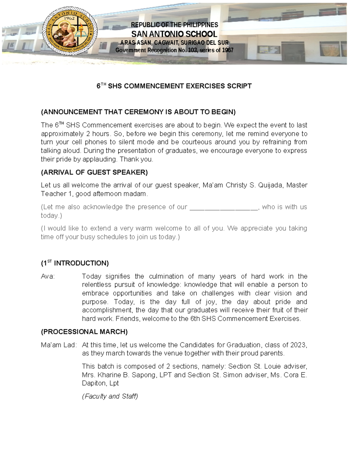6TH SHS Commencement Exercises Script - SAN ANTONIO SCHOOL ARAS-ASAN ...