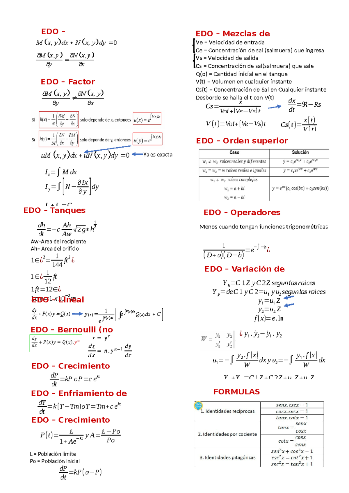 Ecuaciones - formulario - ¿ y 1. ́y 2 − ́y 1. y 2 EDO – M x y dx, N x y ...