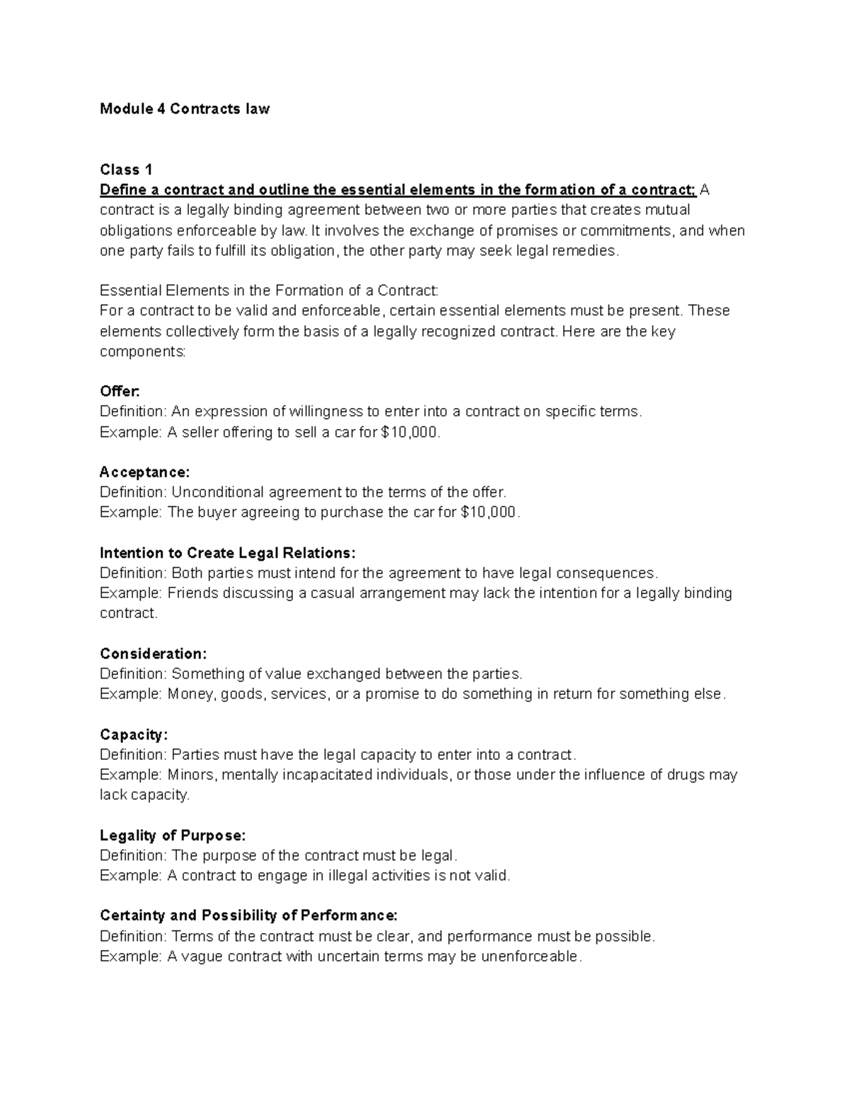 Module 4 Contracts law notes Module 4 Contracts law Class 1 Define