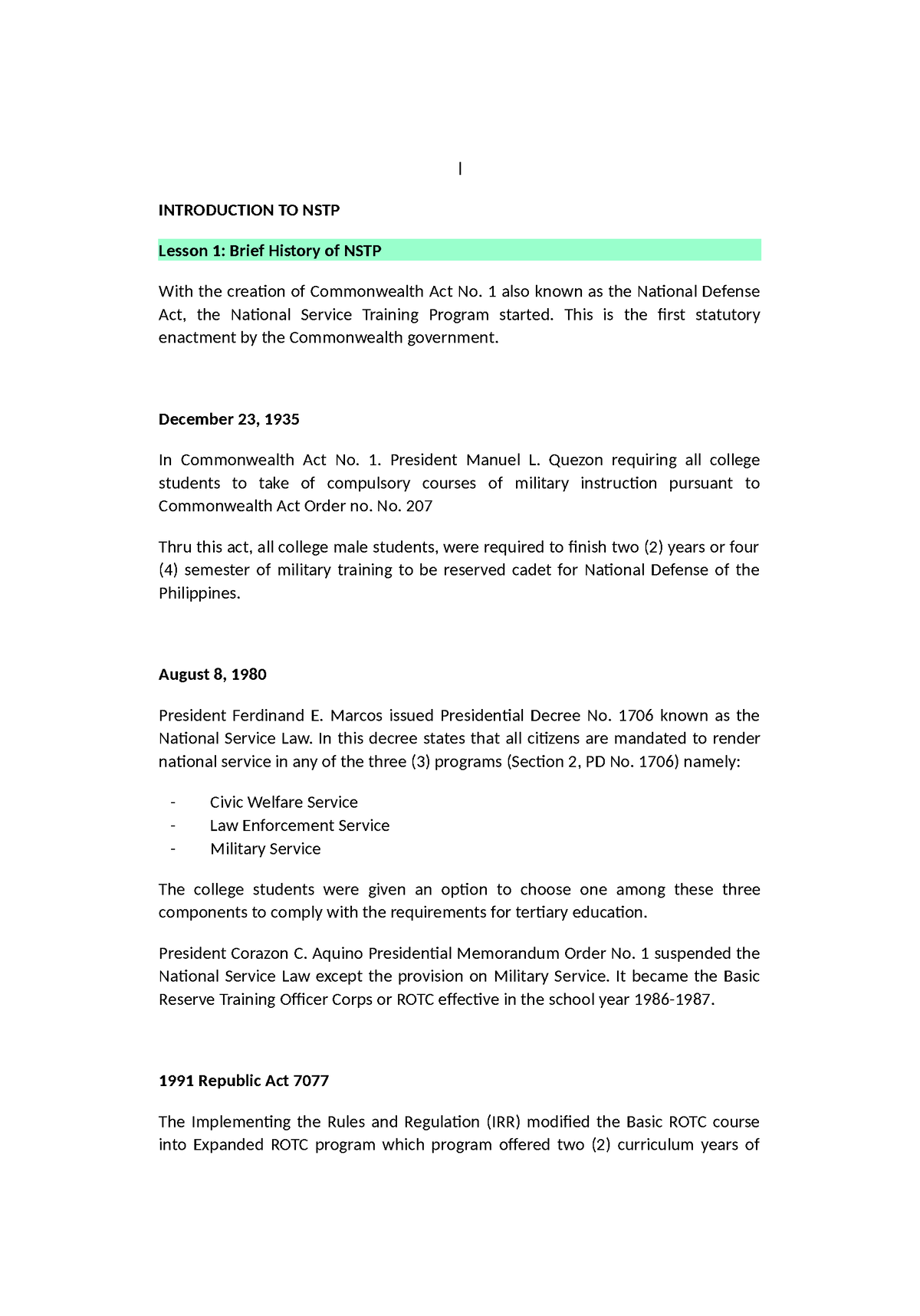 NSTP I - Nstp 1 - I INTRODUCTION TO NSTP Lesson 1: Brief History Of ...