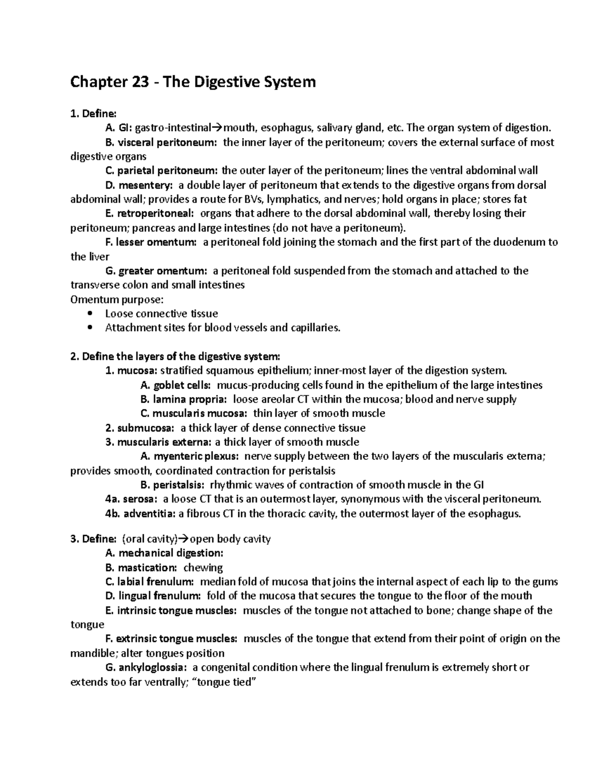 Chapter 23 student notes Chapter 23 The Digestive System Define A