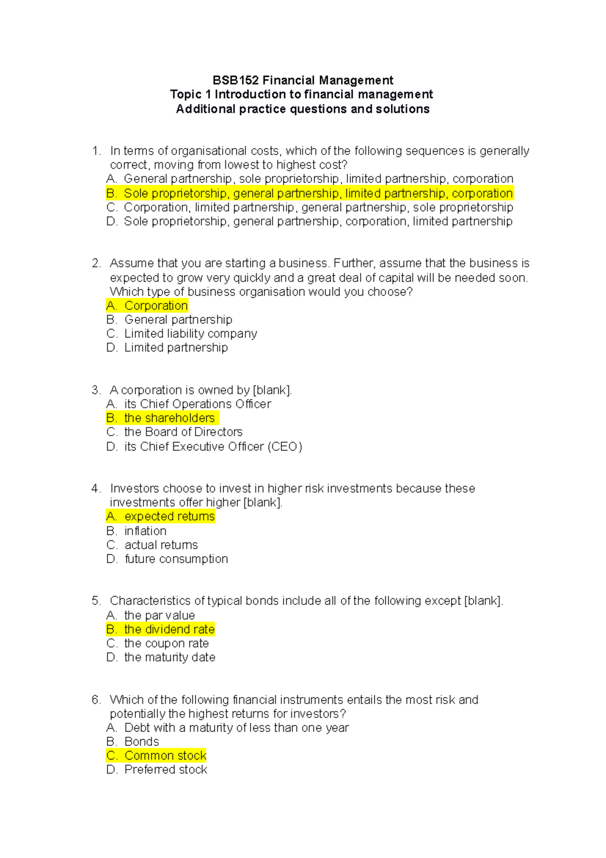 Section 1 Questions - exam help - BSB152 Financial Management Topic 1 ...