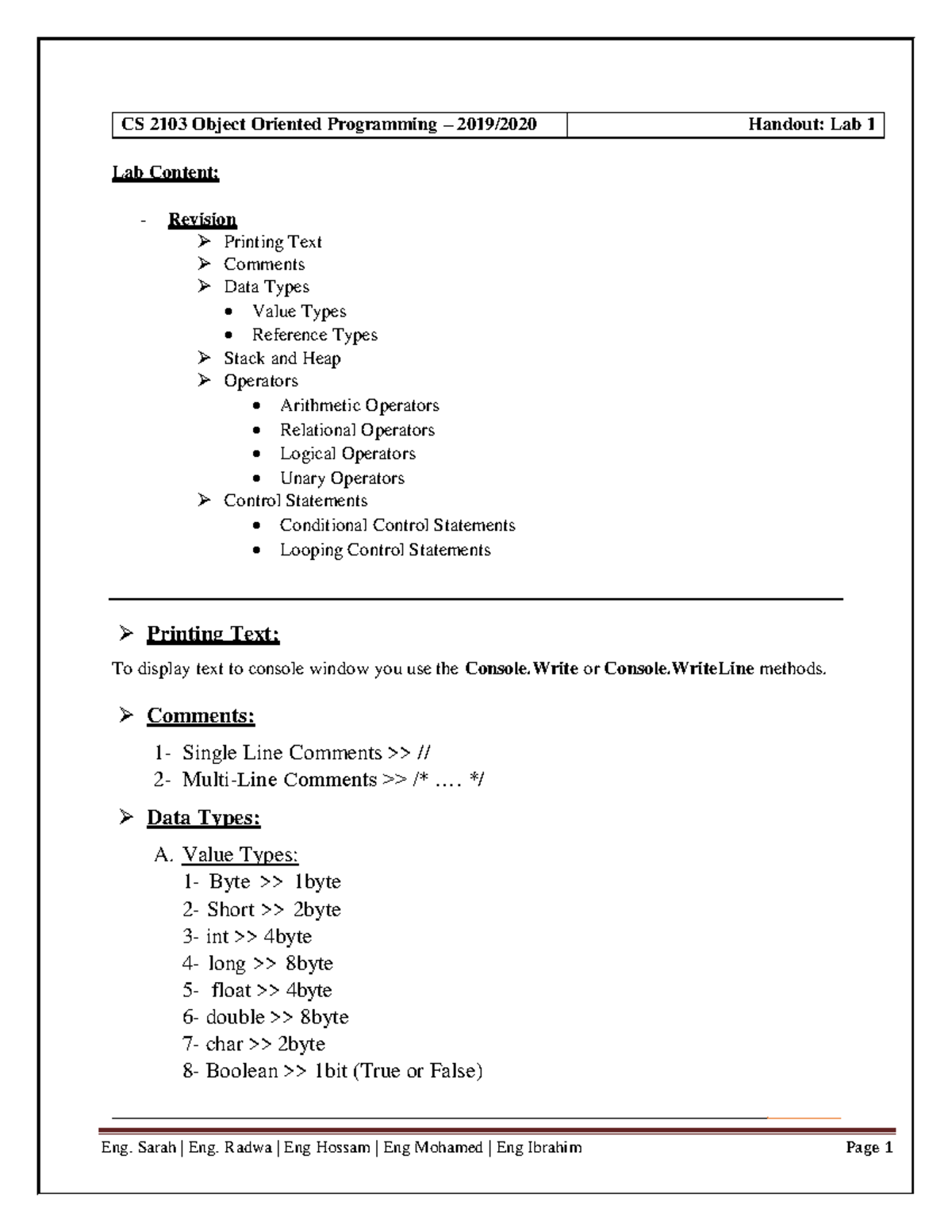 OOP LAB (1) -2CS - OOP LAB (1) -2CS - CS 2103 Object Oriented ...