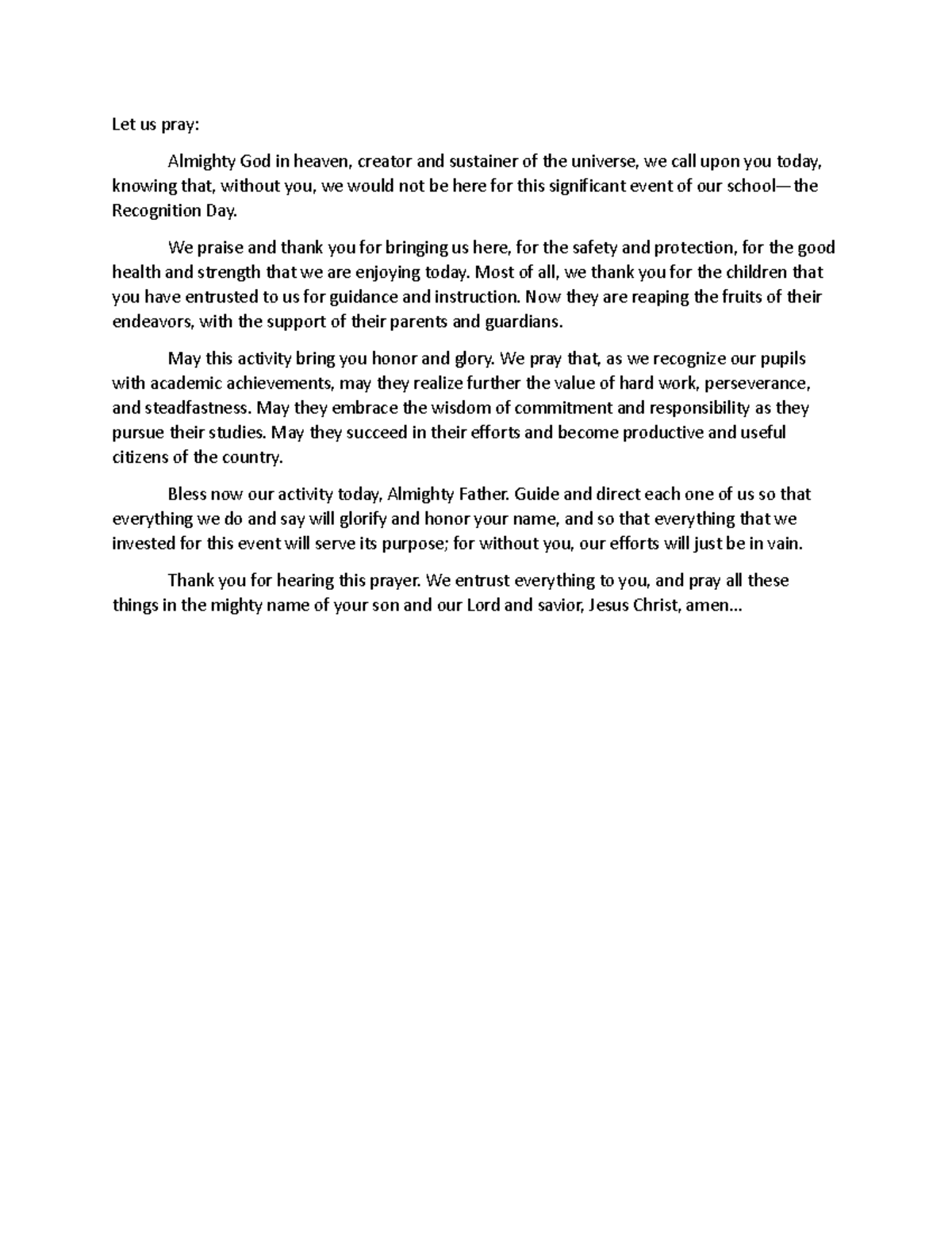 Let-us-pray - sample prayer - Let us pray: Almighty God in heaven ...