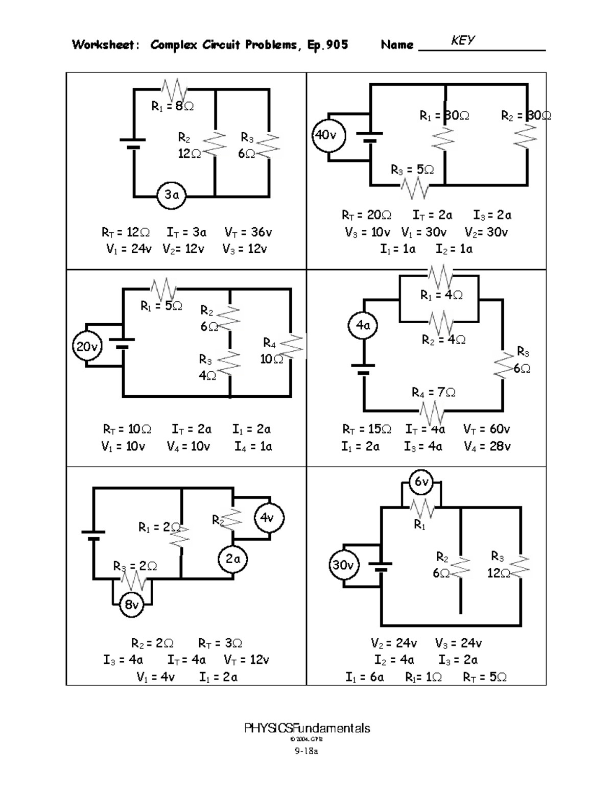 L10 9 18a Key Worksheet Complex Circuit Problems 905