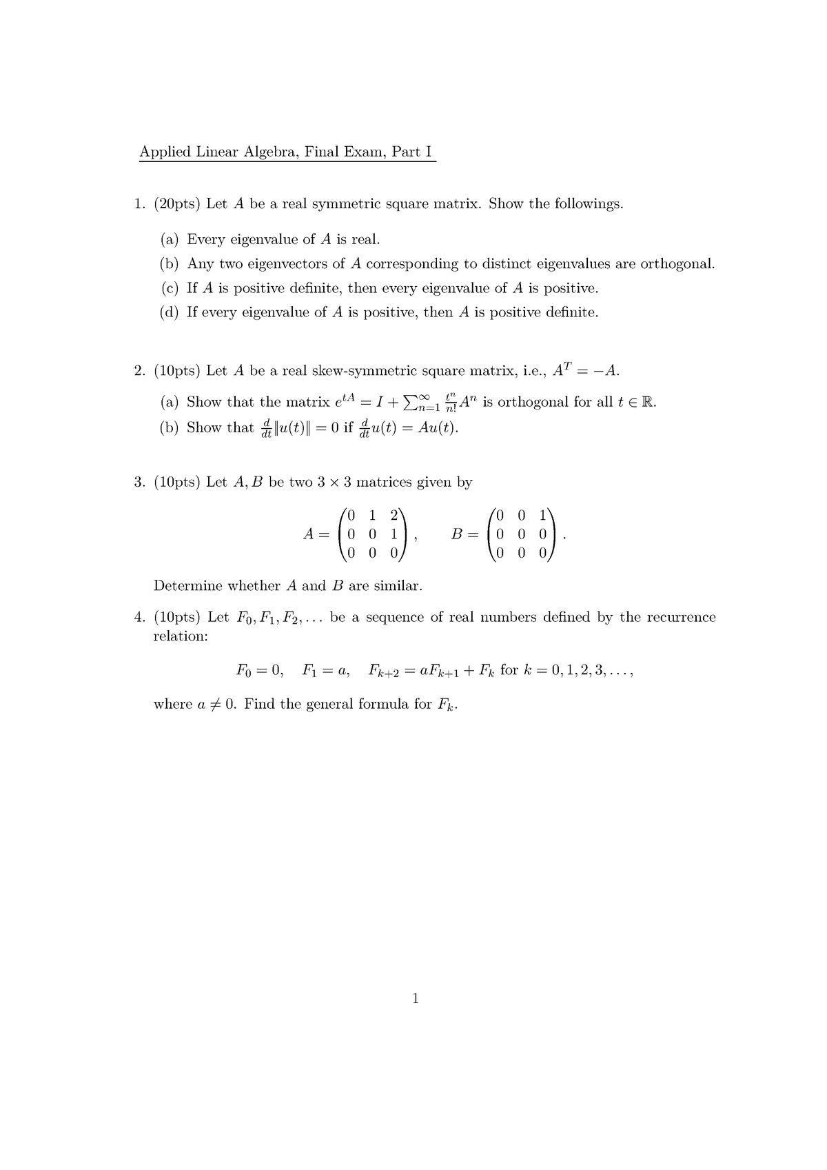 Part1 - Final Exam1 - Applied Linear Algebra, Final Exam, Part I (20pts ...