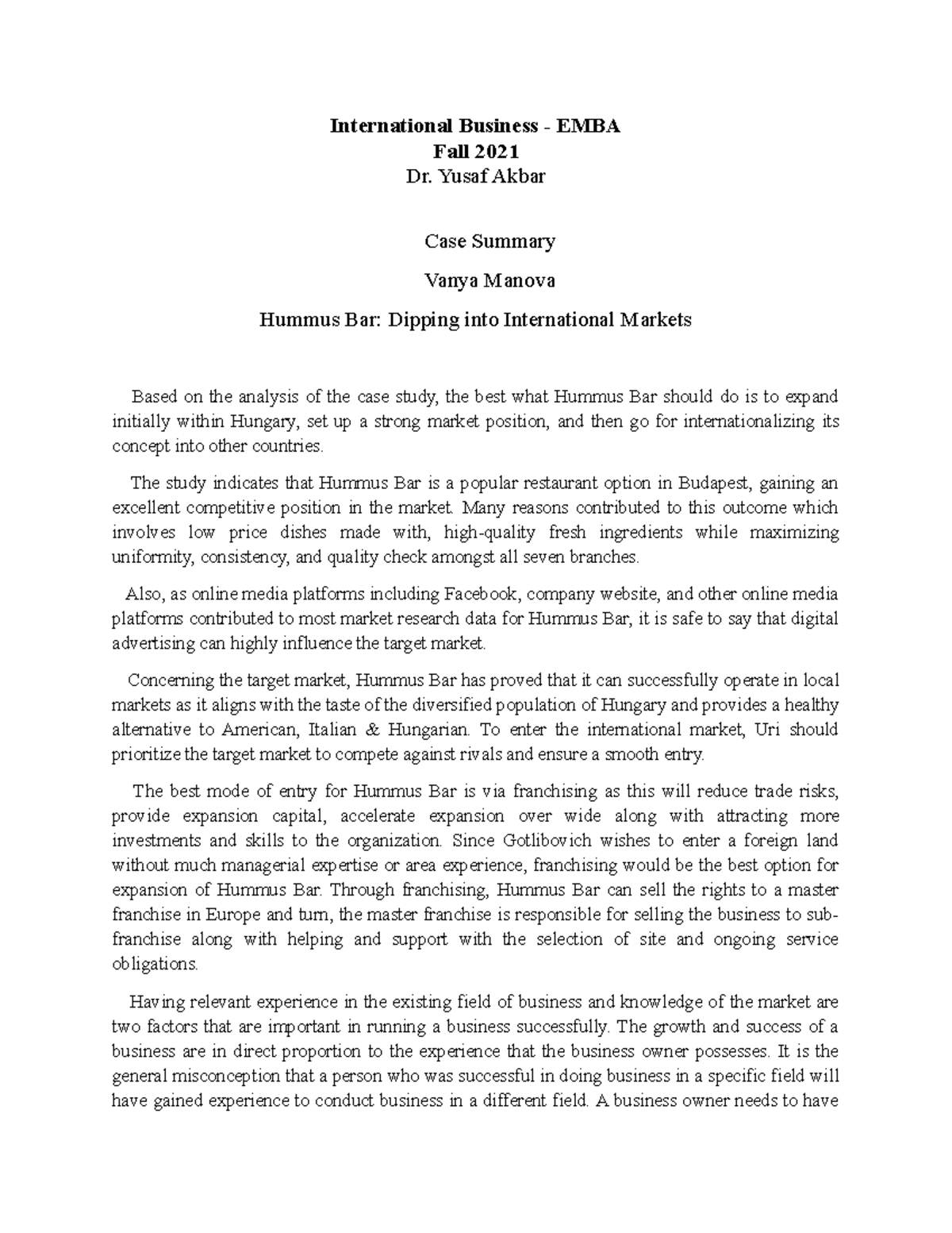 Hummus Bar Dipping into International Markets International Business