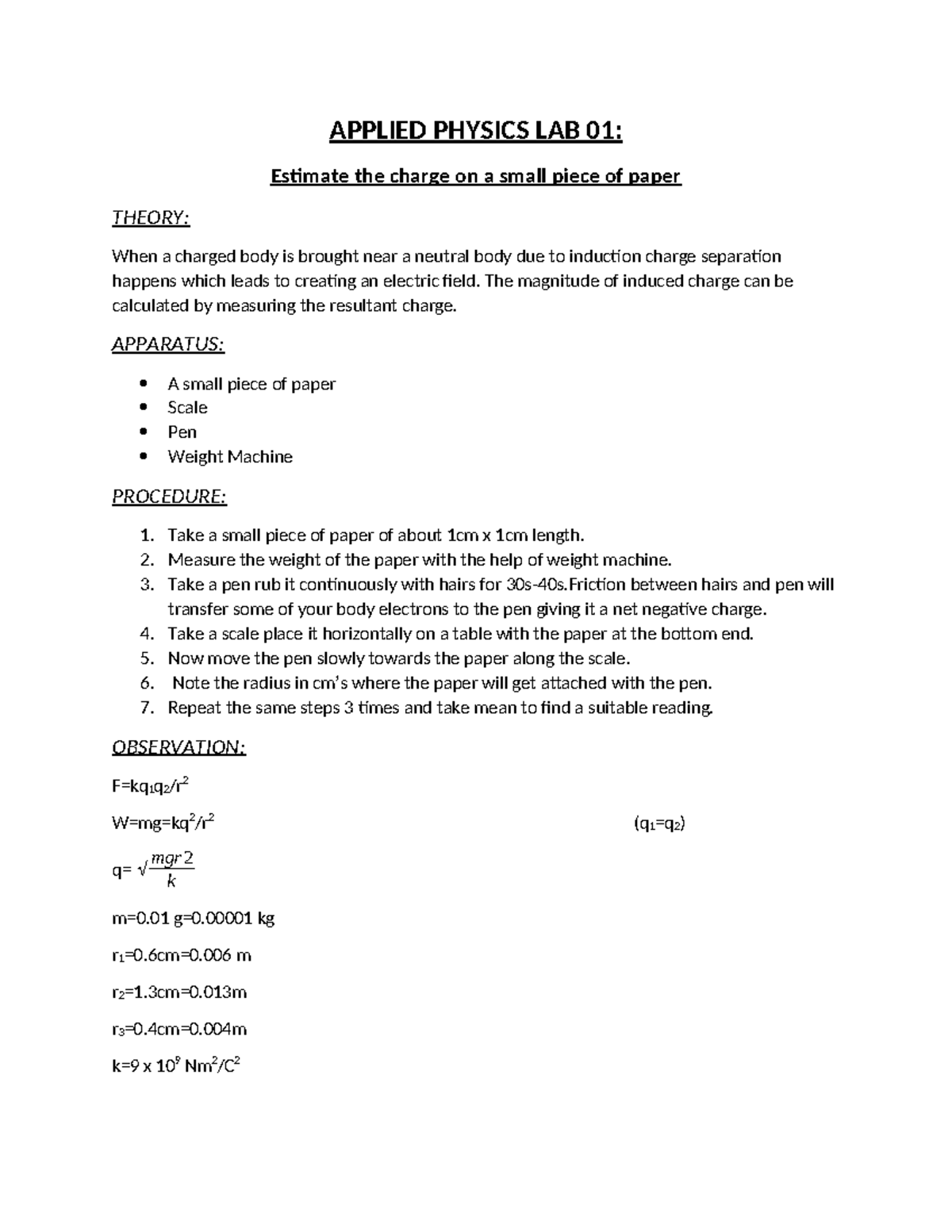 Applied Physics LAB 01 - APPLIED PHYSICS LAB 01: Estimate the charge on ...