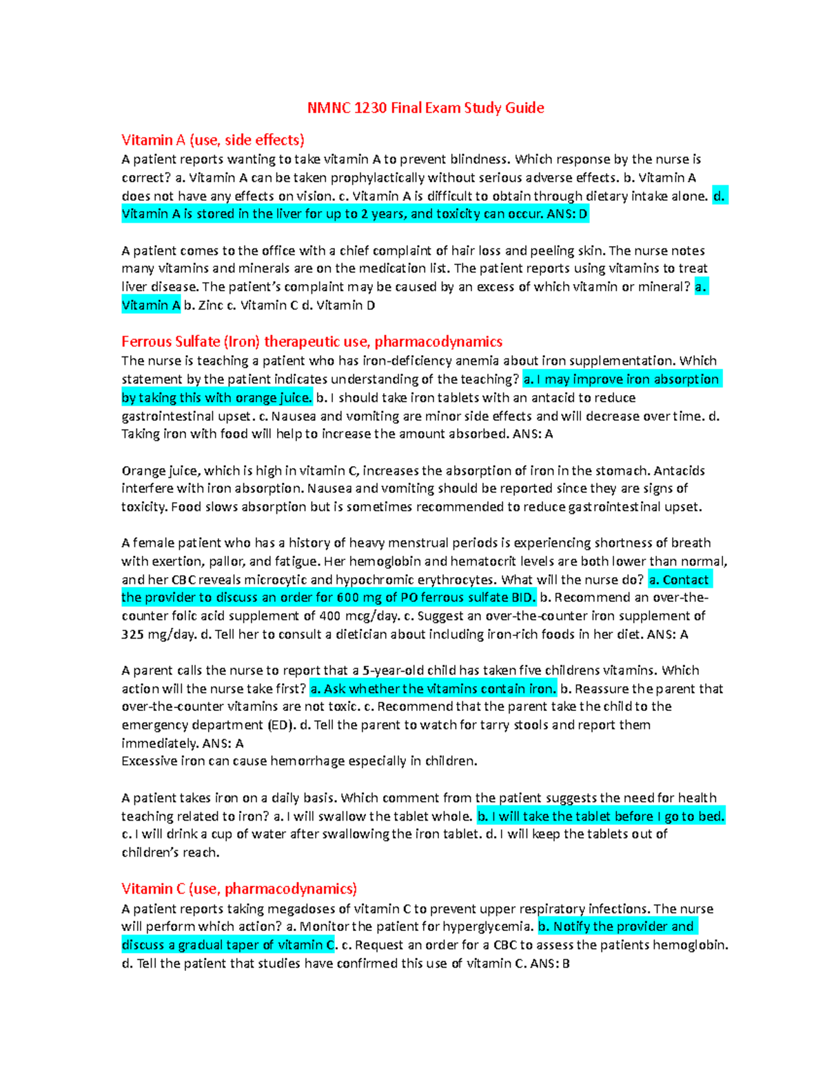 Study guide pharm final - NMNC 1230 Final Exam Study Guide Vitamin A ...
