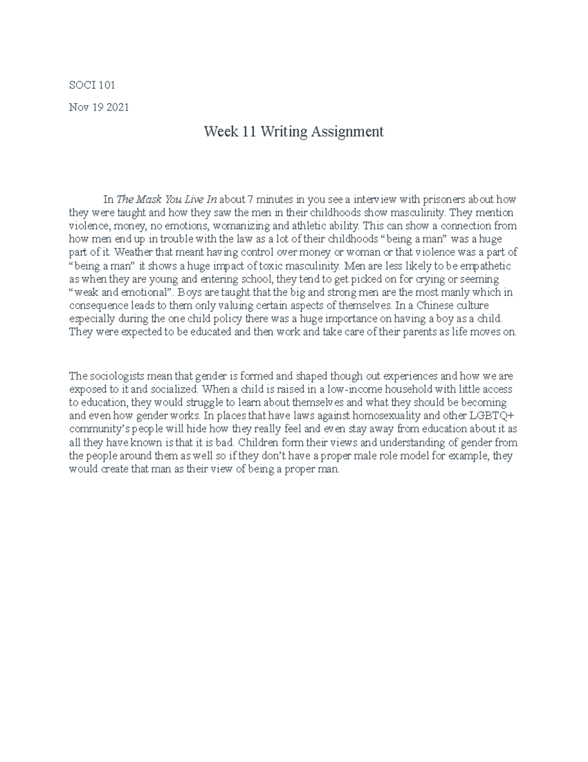 SOCI 101 w 11 - work - SOCI 101 Nov 19 2021 Week 11 Writing Assignment ...