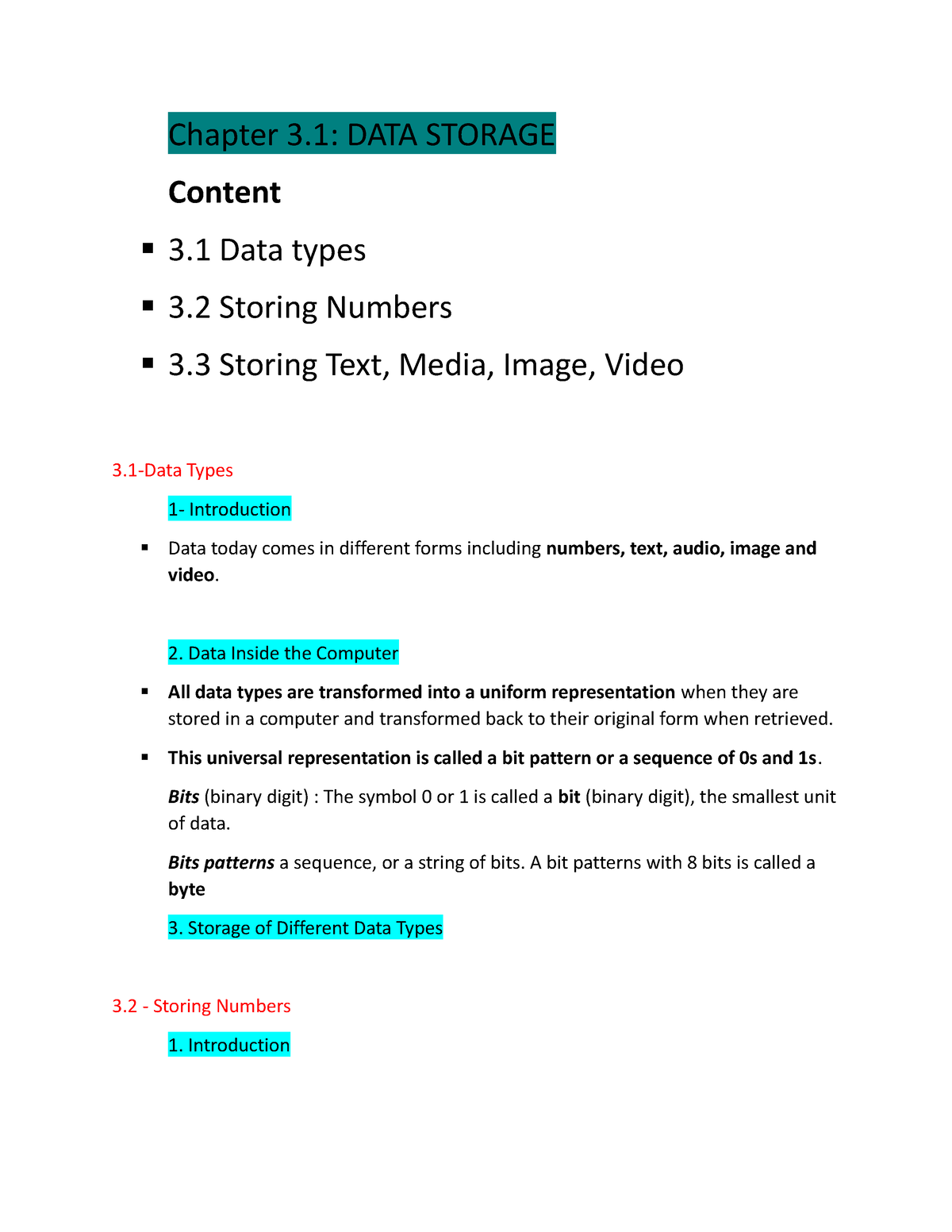 Chapter 3 - . - Chapter 3: Data Storage Content 3 Data 