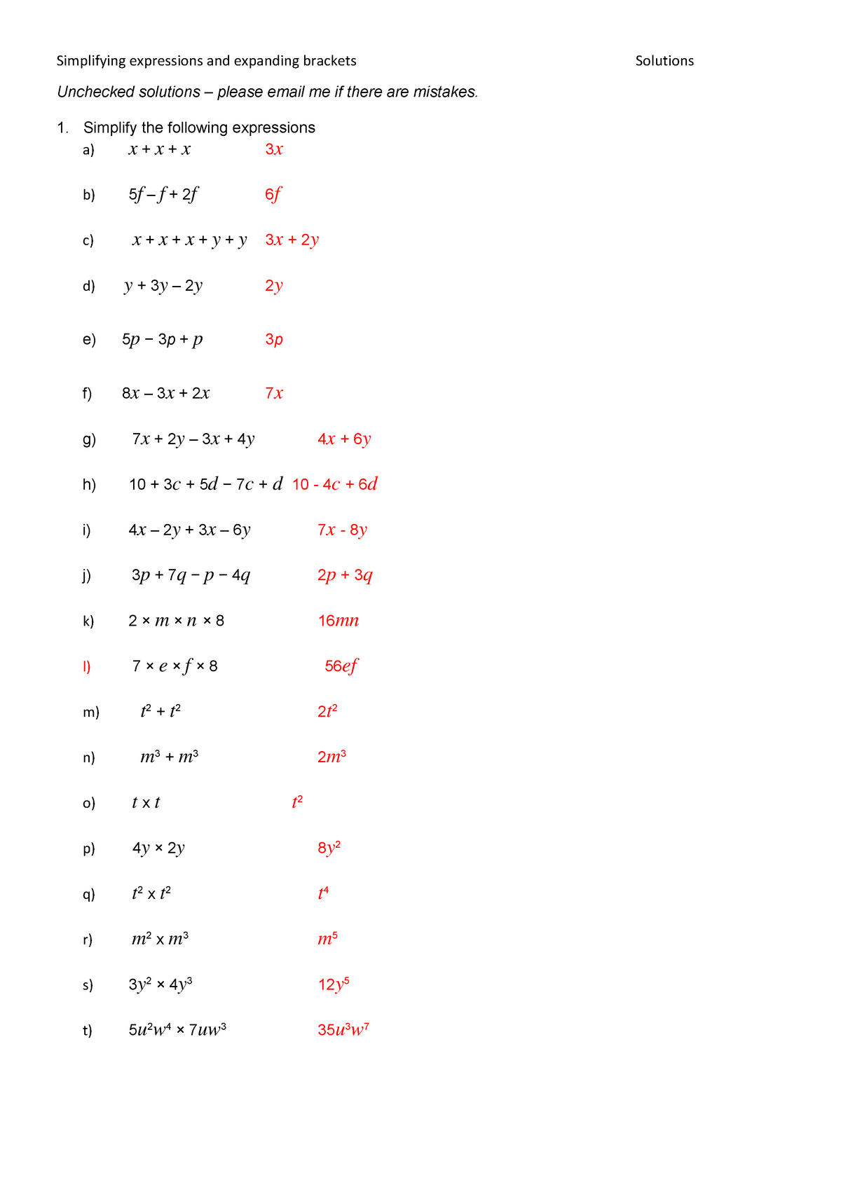 Algebra Simplifying Expressions and Expanding Brackets Solutions - Week ...