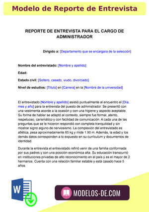 Modelo de Reporte de Entrevista - REPORTE DE ENTREVISTA PARA EL CARGO DE  ADMINISTRADOR Dirigido a: - Studocu