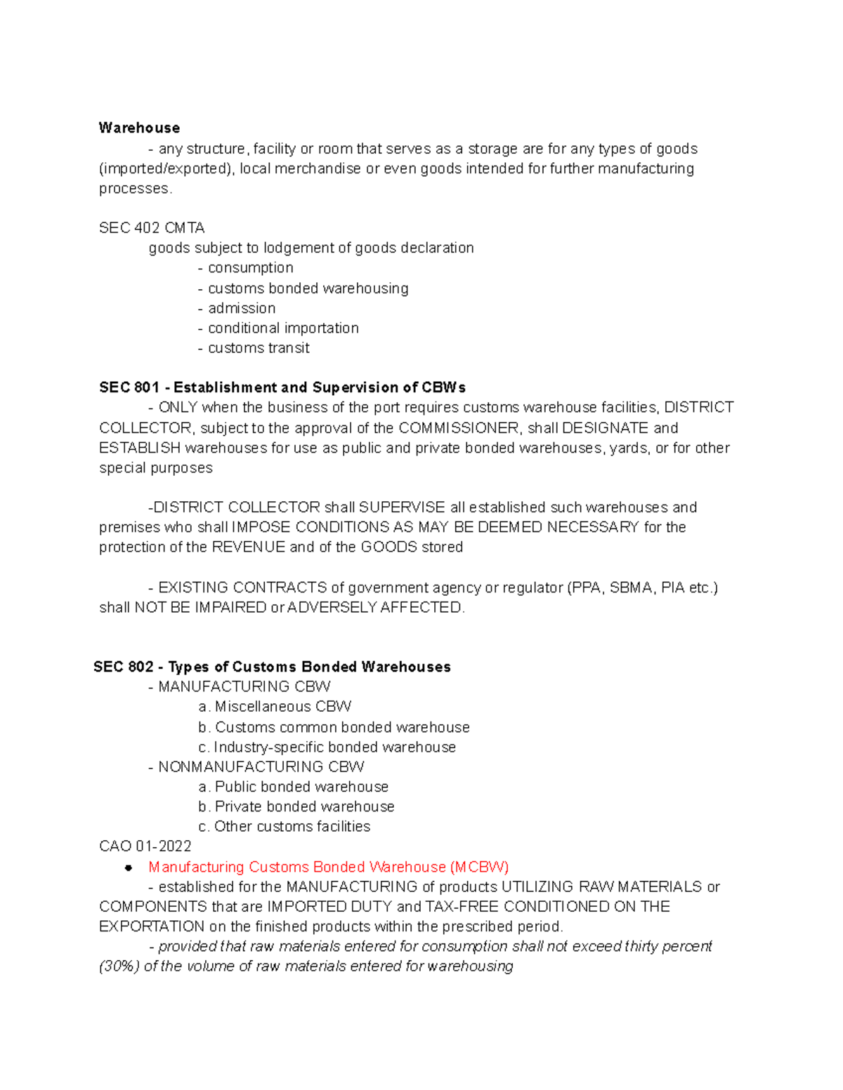 CW notes - cmta sec 801 - Warehouse - any structure, facility or room ...