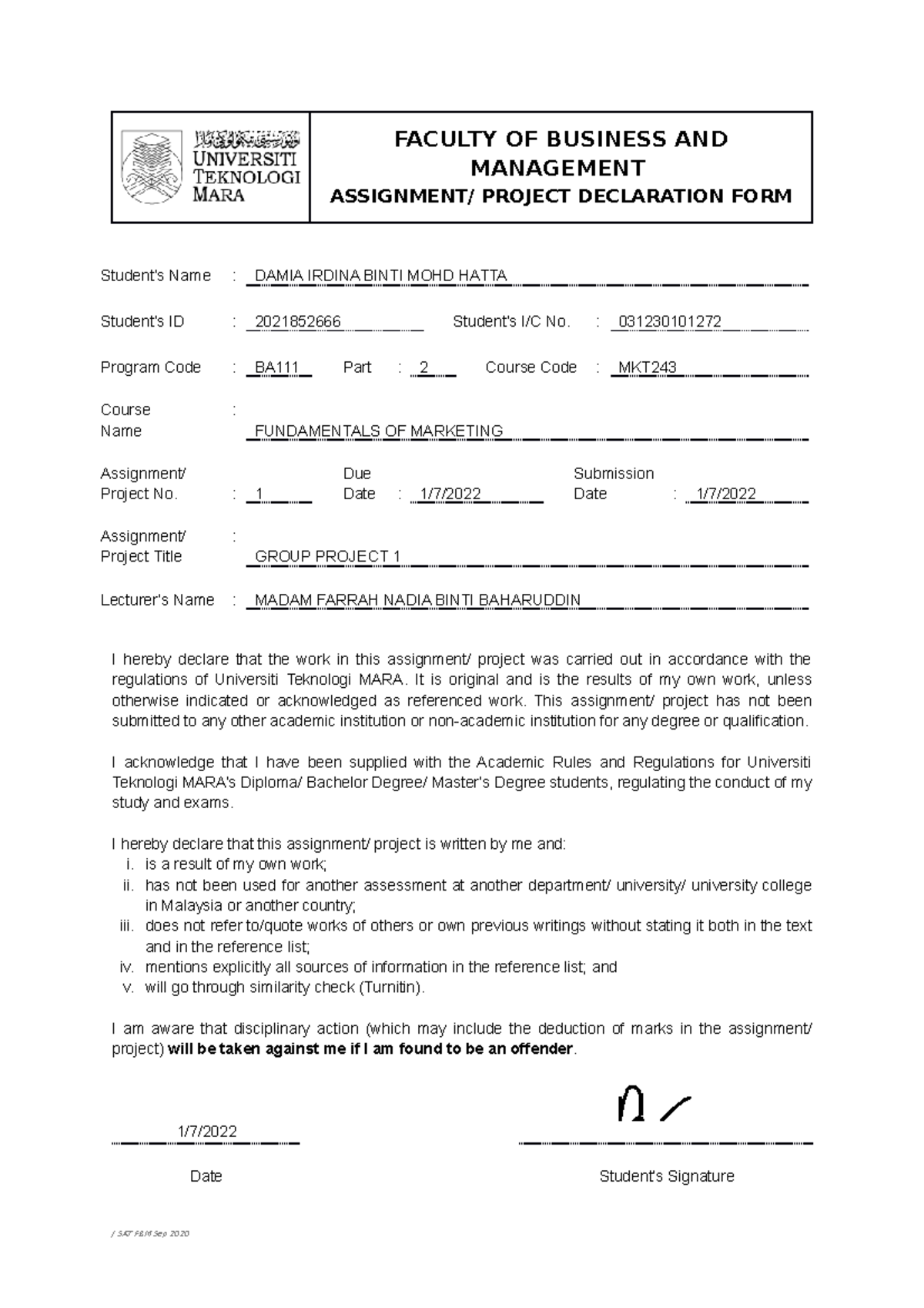 Assignment Project Declaration Form - FACULTY OF BUSINESS AND ...
