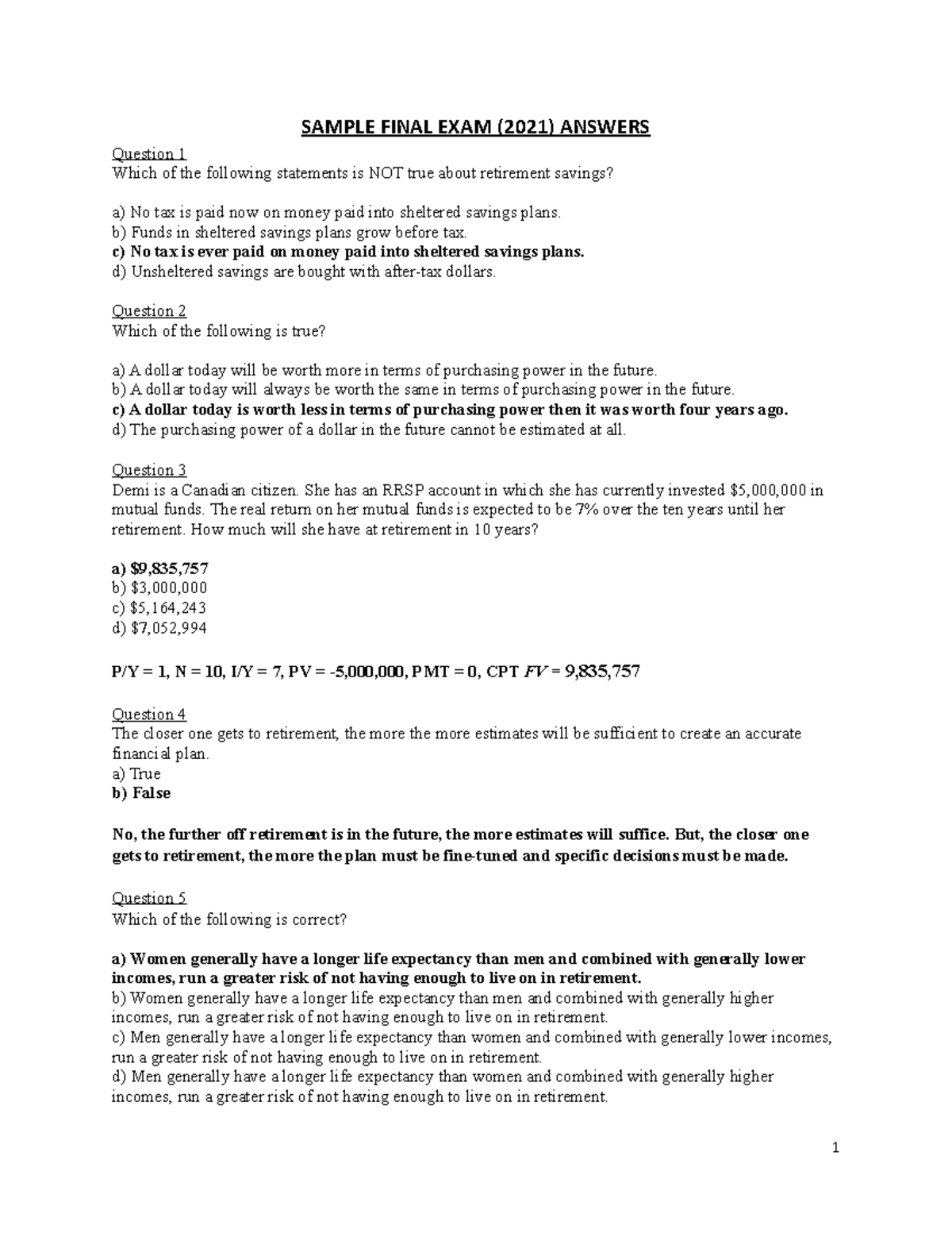Retirement Planning (Sample Final Exam Humber) Answers SAMPLE FINAL