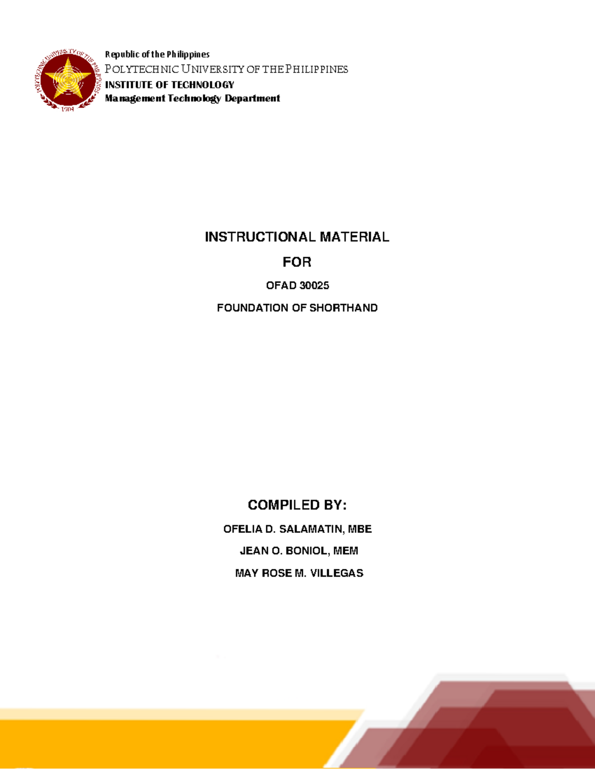 OFAD 30025 Foundation OF Shorthand Republic of the Philippines