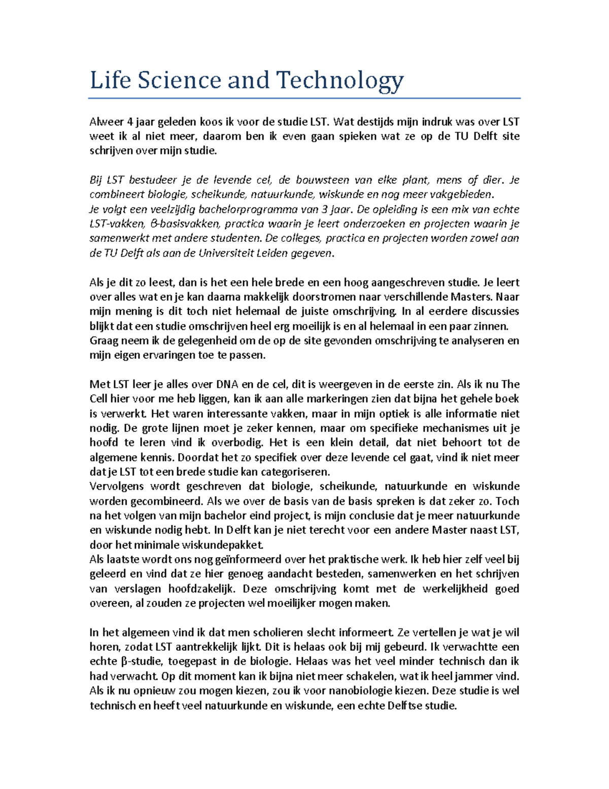 Werkstuk/essay Life Science and Technology Life Science and