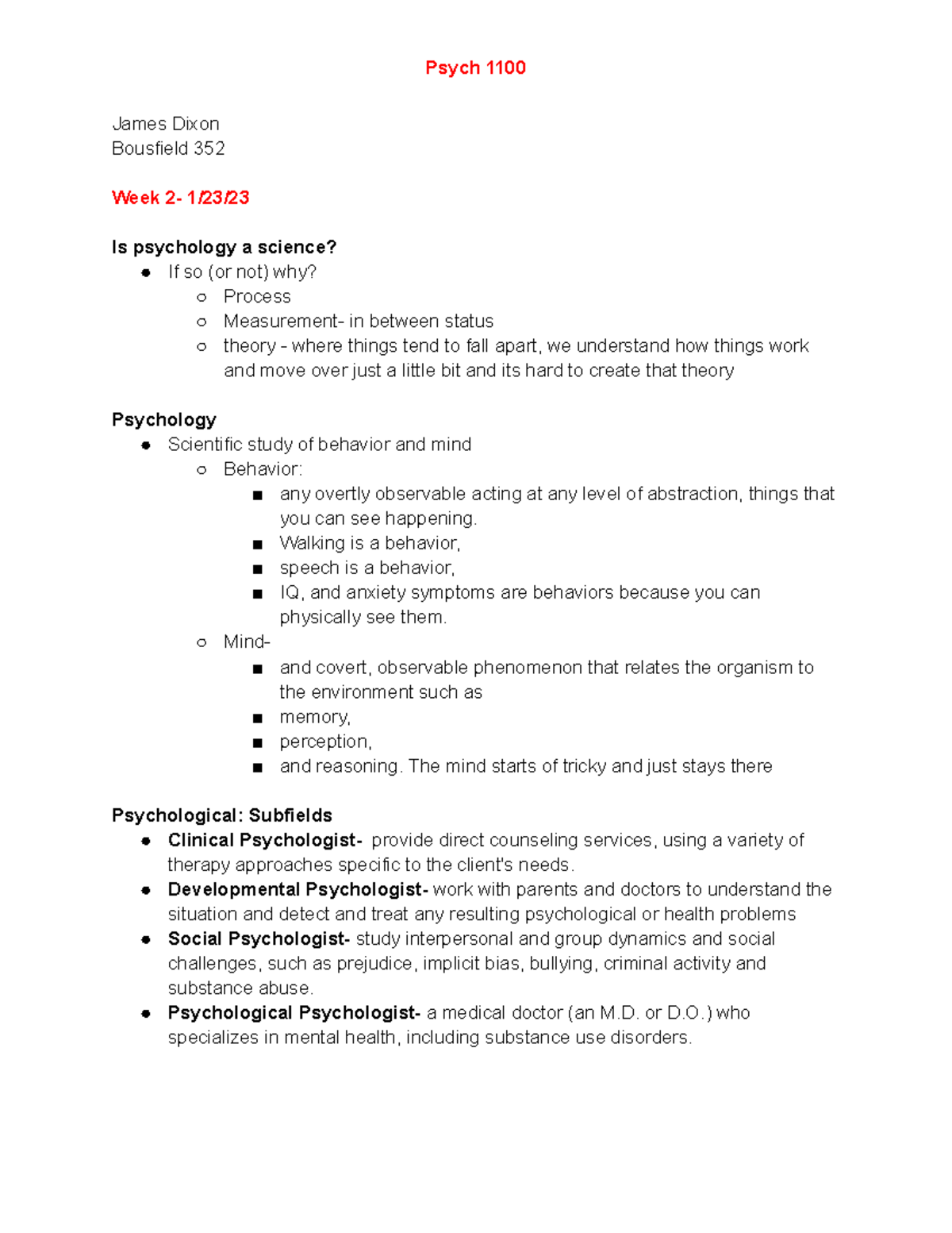 James Dixon- Psych 1100- Week 2 Notes - James Dixon Bousfield 352 Week ...