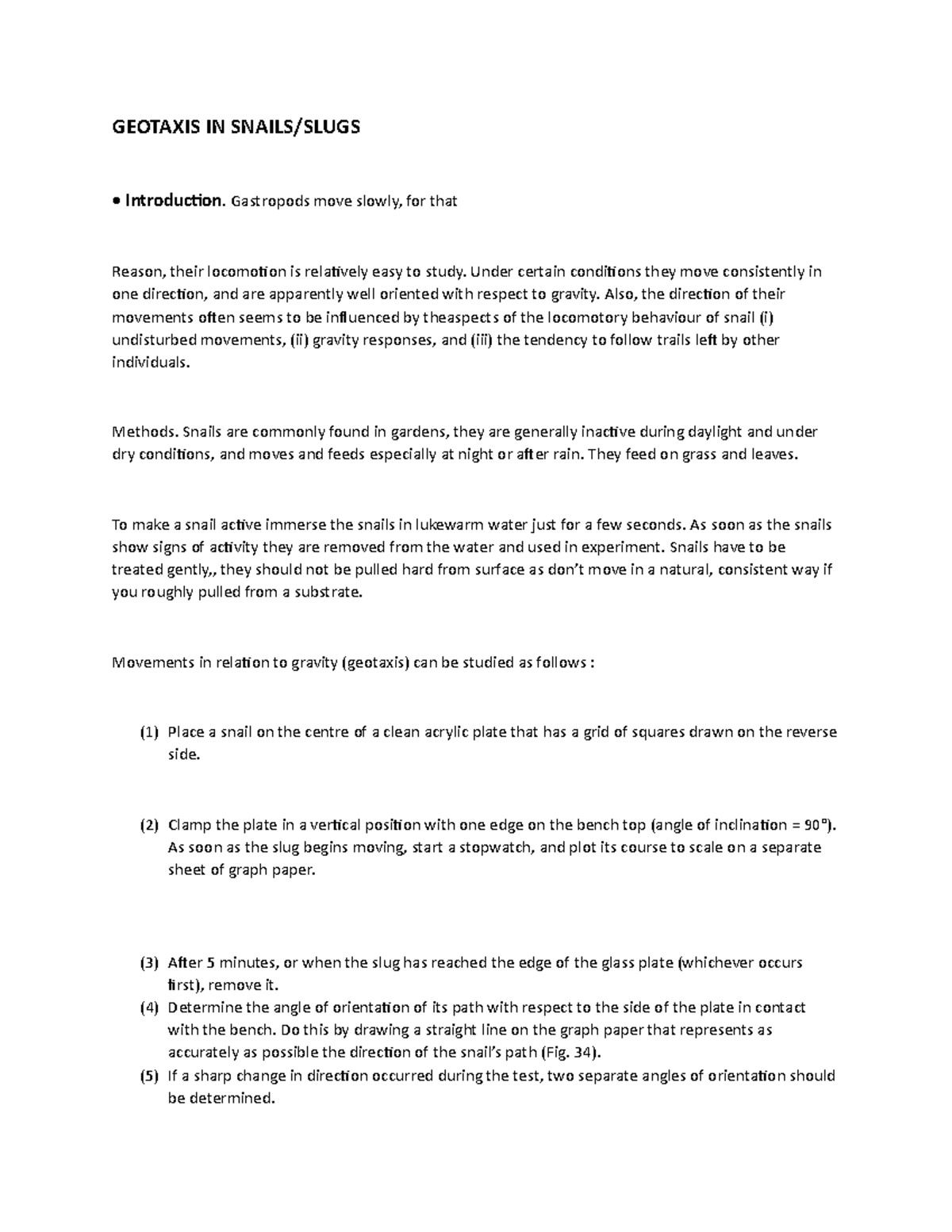 Geotaxis in snails GEOTAXIS IN SNAILS/SLUGS • Introduction