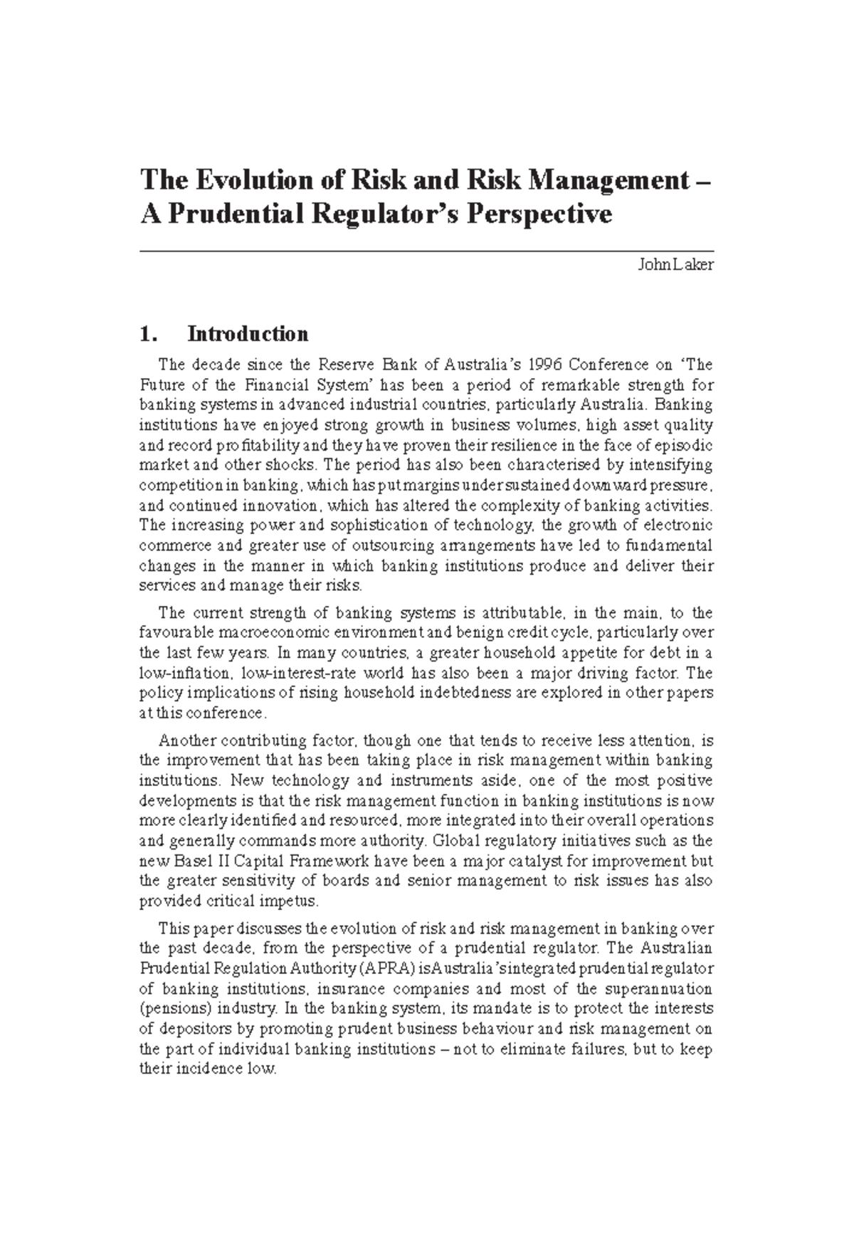 The Evolution of Risk and Risk Management - A preduntial regulator's ...