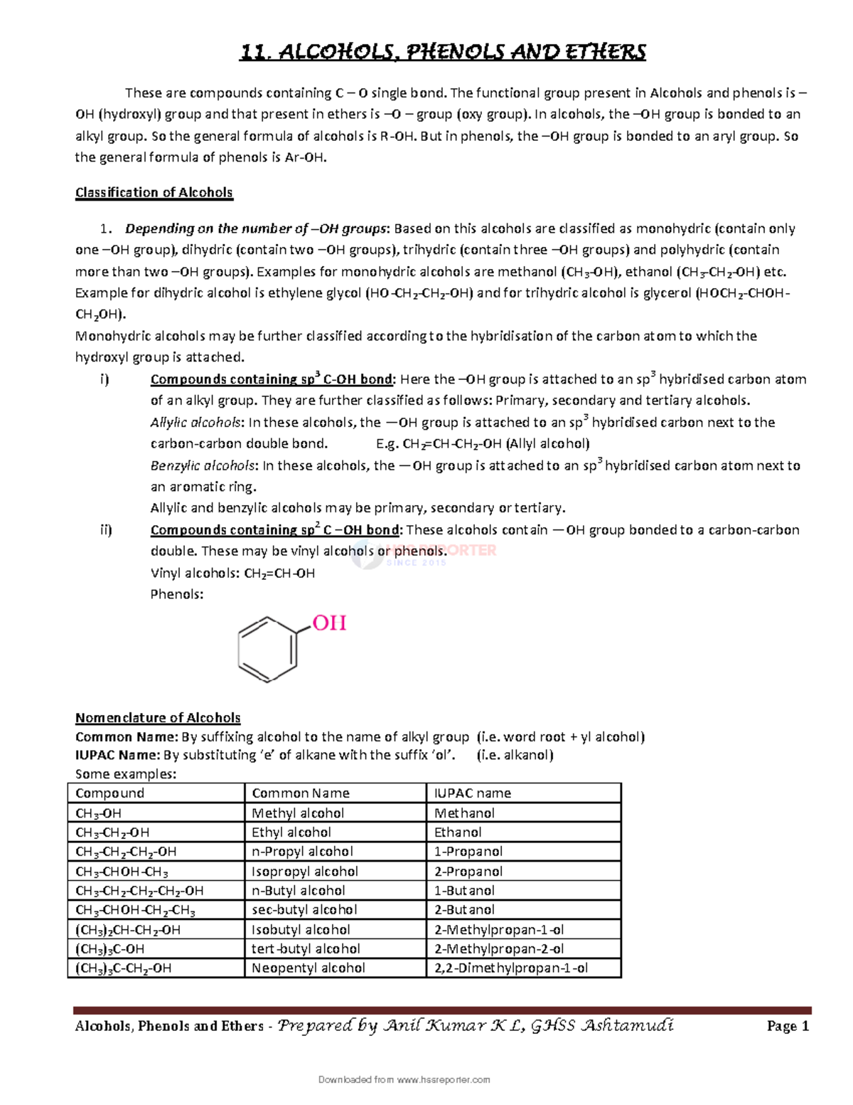 HSSRptr 11. Alcohols, Phenols And Ethers - Alcohols, Phenols And Ethers ...