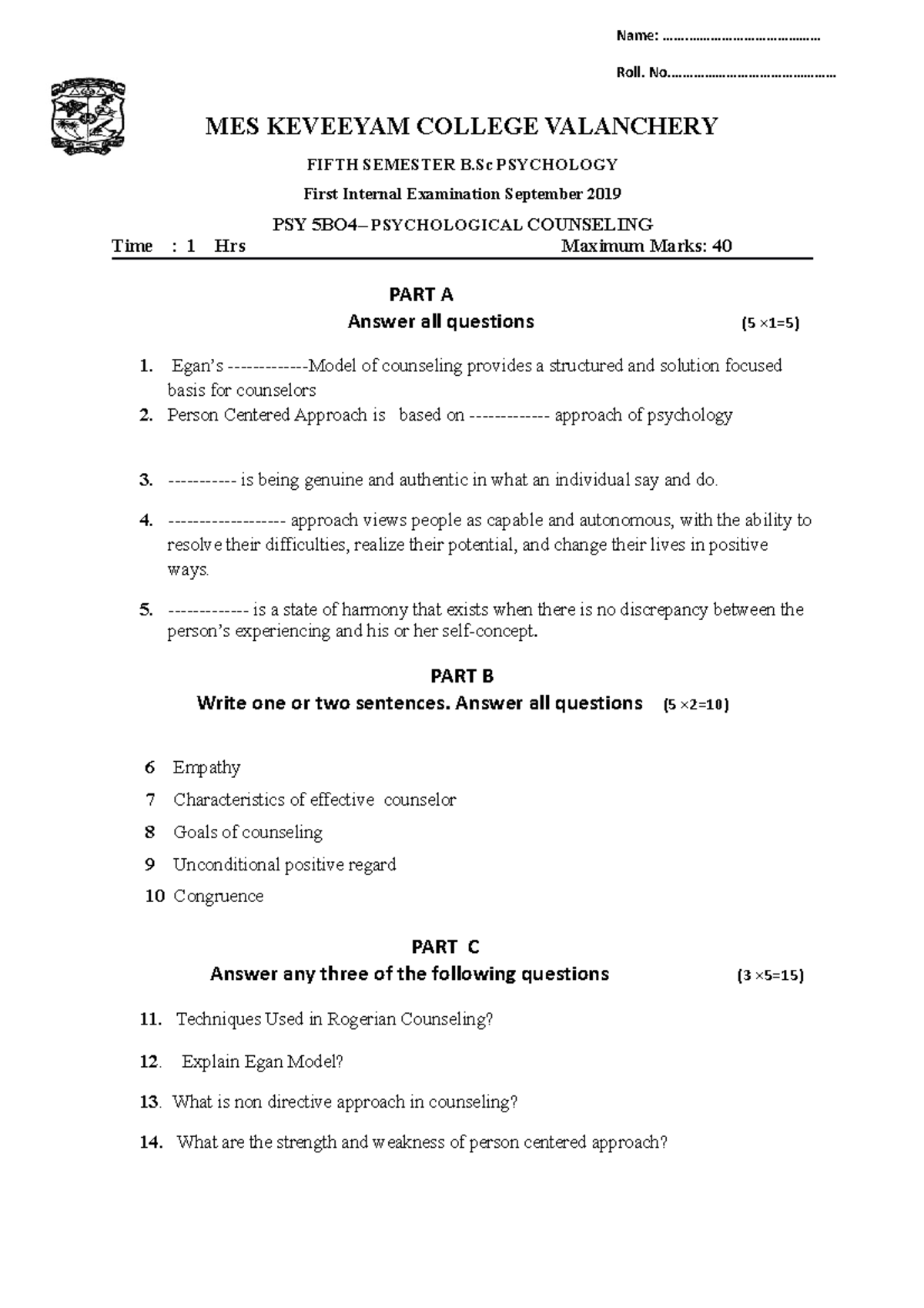 1 internal counellin MES KEVEEYAM COLLEGE VALANCHERY FIFTH SEMESTER B